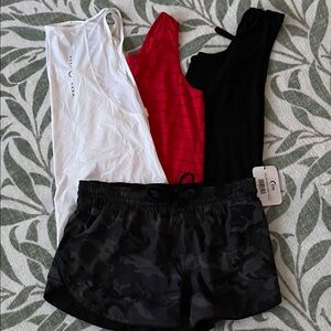 3 ZYIA Athletic Tank Tops + Black Camo Workout Shorts Size XL
